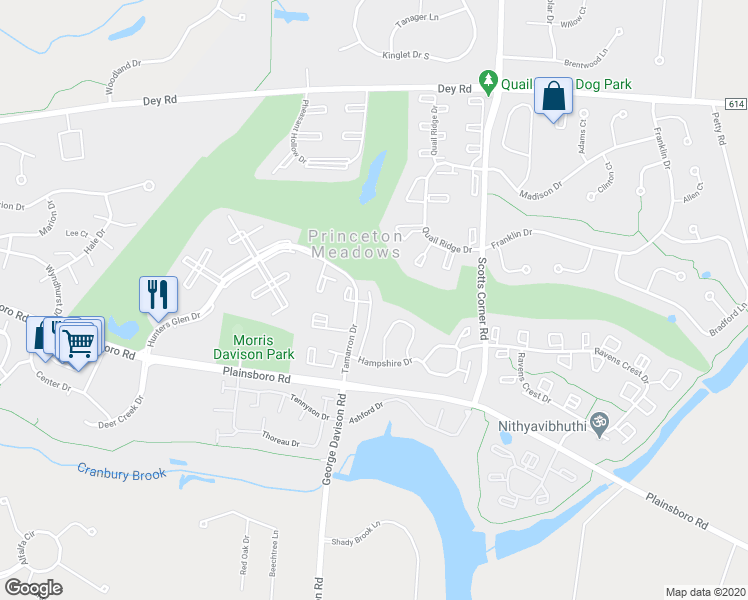 map of restaurants, bars, coffee shops, grocery stores, and more near 191 Hampshire Drive in Princeton Meadows