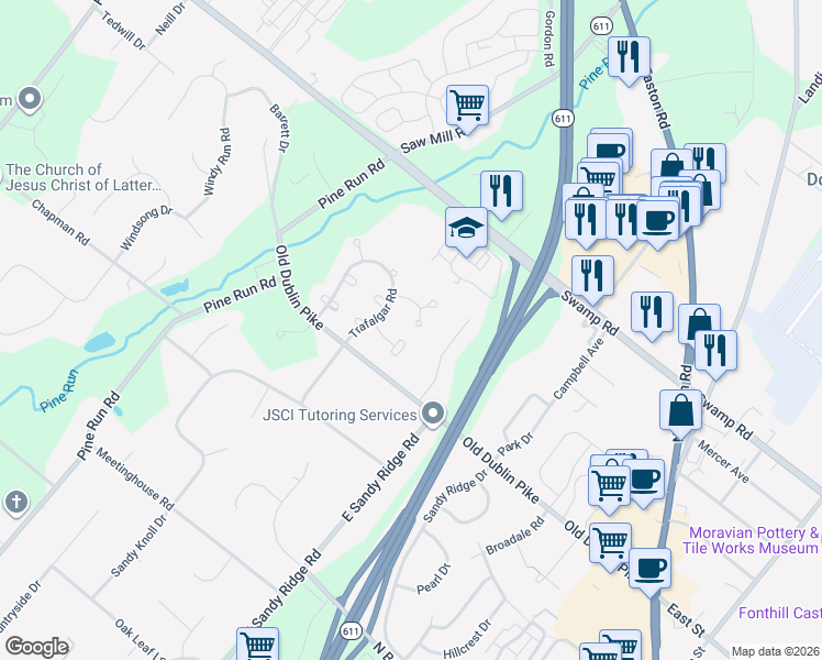 map of restaurants, bars, coffee shops, grocery stores, and more near 128 Blackfriars Circle in Doylestown