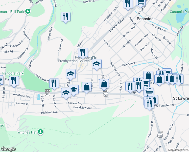 map of restaurants, bars, coffee shops, grocery stores, and more near 201 North 25th Street in Reading