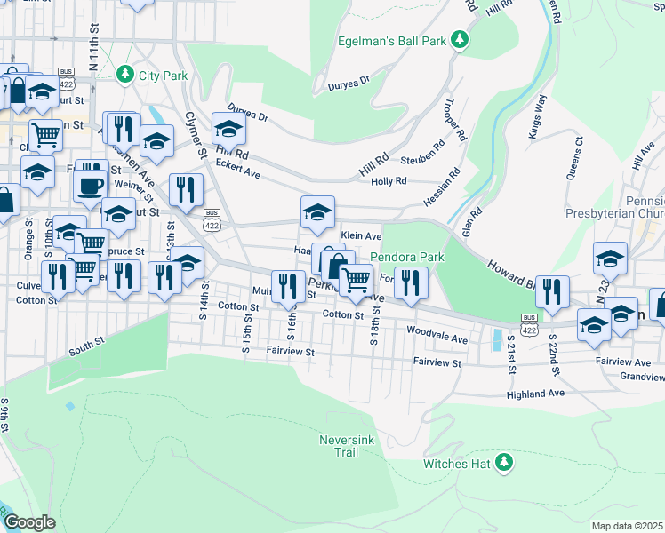 map of restaurants, bars, coffee shops, grocery stores, and more near 300 South 17th Street in Reading