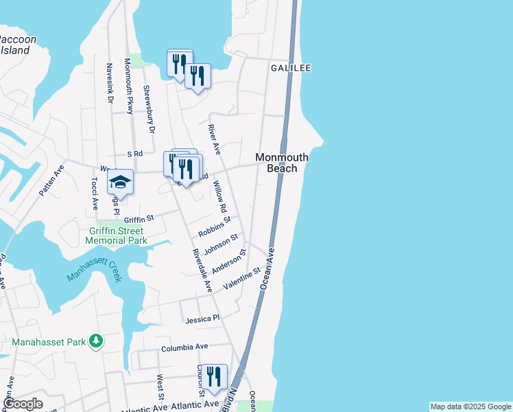 map of restaurants, bars, coffee shops, grocery stores, and more near 23 Seaview Avenue in Monmouth Beach