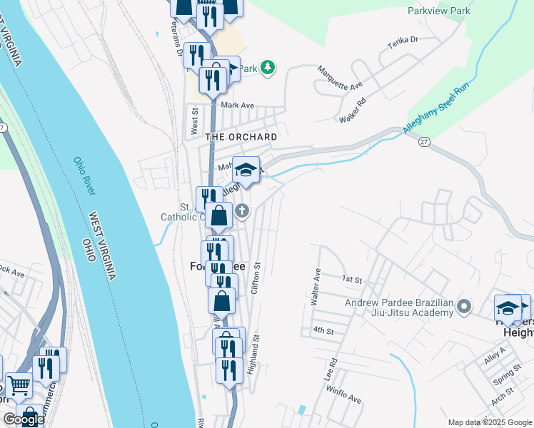 map of restaurants, bars, coffee shops, grocery stores, and more near 1055 Neville Street in Follansbee