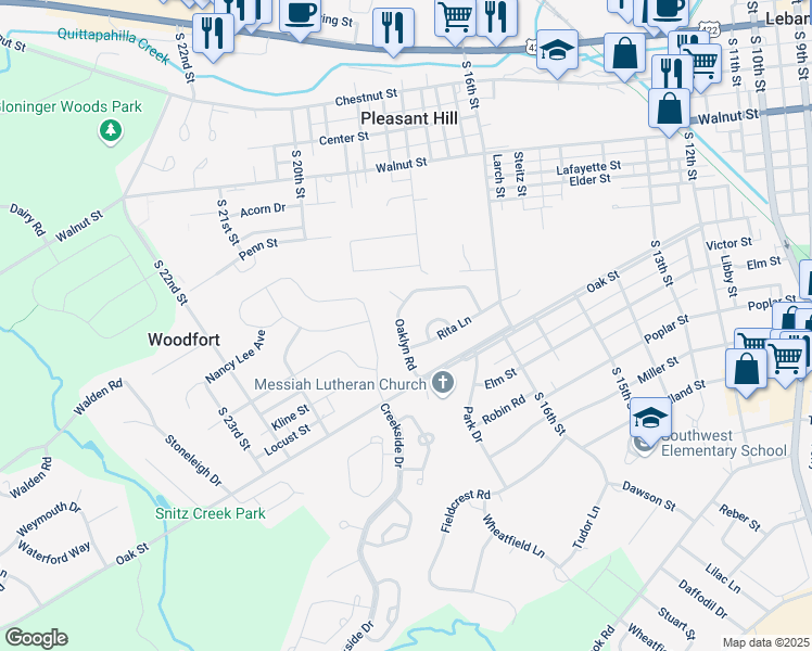 map of restaurants, bars, coffee shops, grocery stores, and more near 387 Oaklyn Road in Lebanon