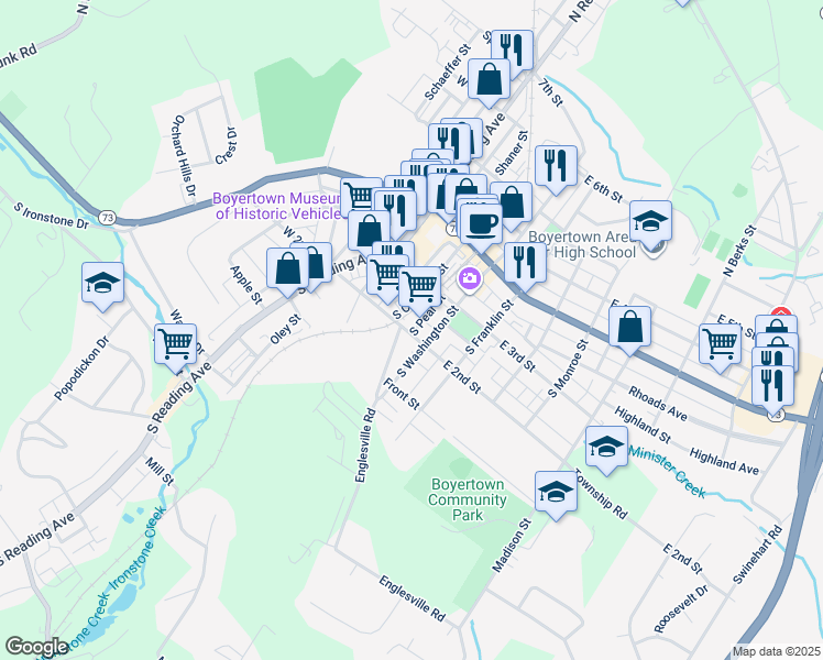 map of restaurants, bars, coffee shops, grocery stores, and more near 123 East 2nd Street in Boyertown