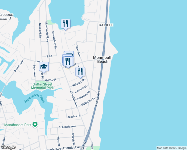 map of restaurants, bars, coffee shops, grocery stores, and more near 23 Seaview Avenue in Monmouth Beach