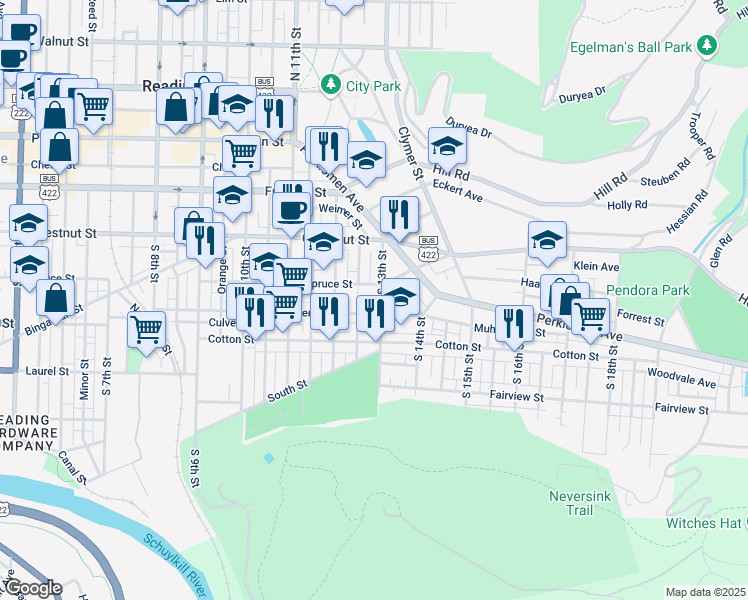 map of restaurants, bars, coffee shops, grocery stores, and more near 1312 Spruce Street in Reading
