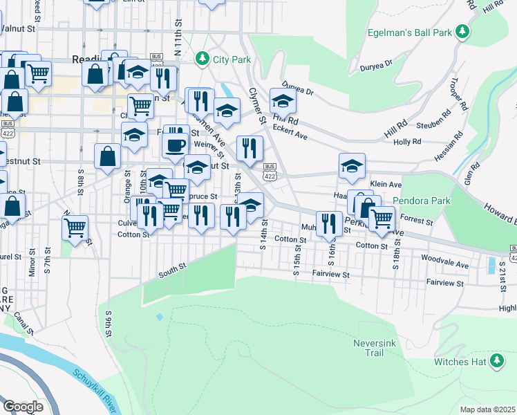 map of restaurants, bars, coffee shops, grocery stores, and more near 325 Miller Street in Reading