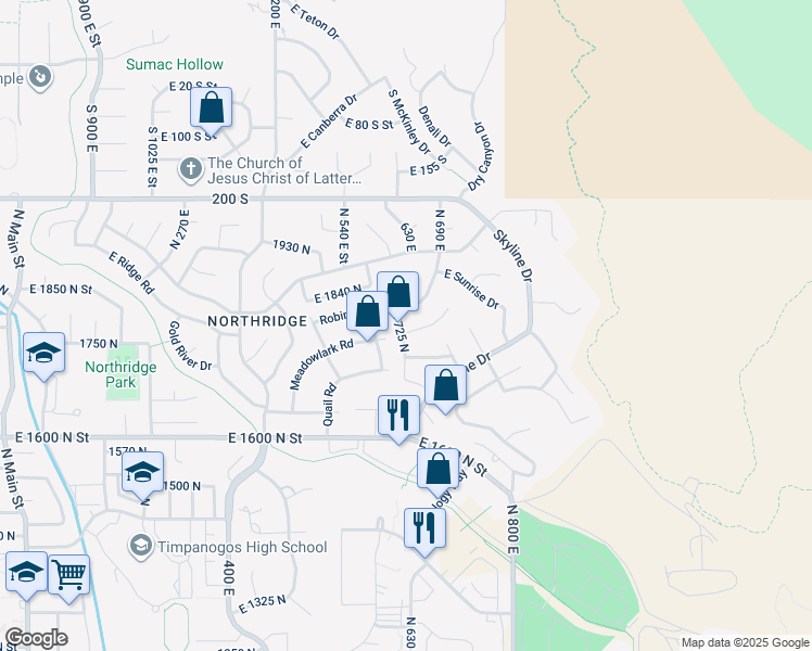 map of restaurants, bars, coffee shops, grocery stores, and more near 629 East 1780 North in Orem