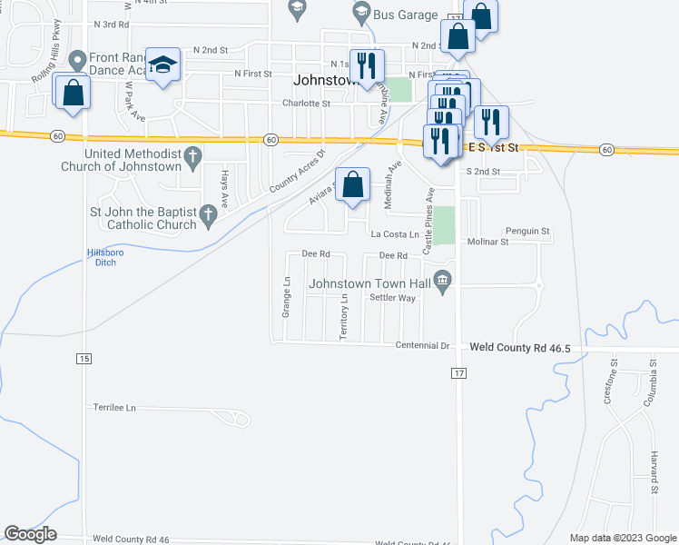 map of restaurants, bars, coffee shops, grocery stores, and more near 420 Territory Lane in Johnstown
