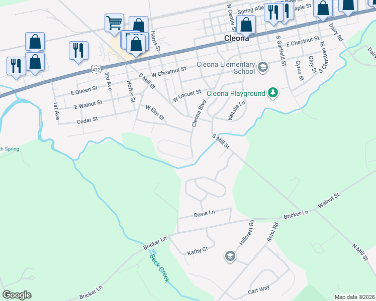 map of restaurants, bars, coffee shops, grocery stores, and more near 504 Cleona Boulevard in Cleona