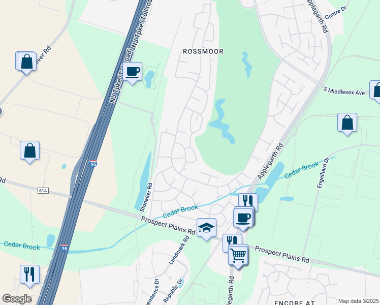 map of restaurants, bars, coffee shops, grocery stores, and more near 562B Springfield Way in Monroe Township
