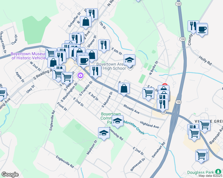 map of restaurants, bars, coffee shops, grocery stores, and more near 425 East Philadelphia Avenue in Boyertown