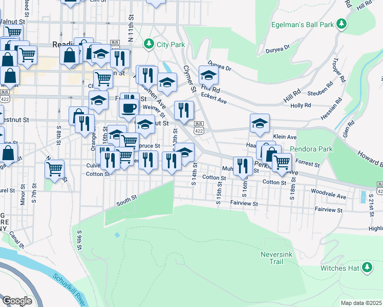 map of restaurants, bars, coffee shops, grocery stores, and more near 325 Miller Street in Reading