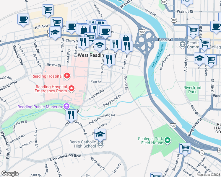 map of restaurants, bars, coffee shops, grocery stores, and more near 400 South 3rd Avenue in West Reading