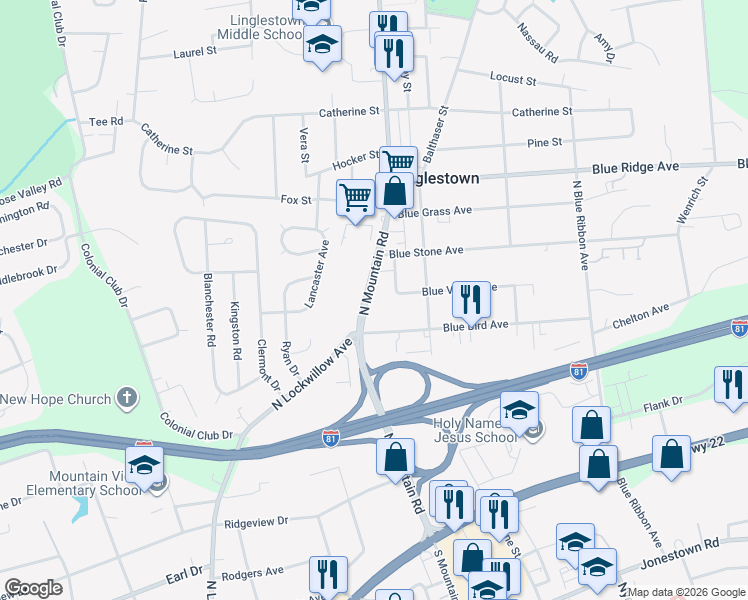 map of restaurants, bars, coffee shops, grocery stores, and more near 550 North Mountain Road in Harrisburg