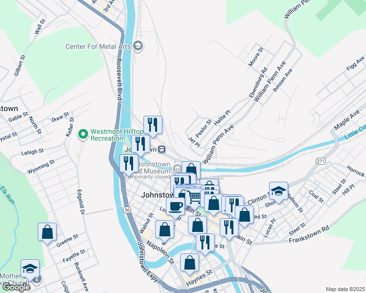 map of restaurants, bars, coffee shops, grocery stores, and more near in Johnstown