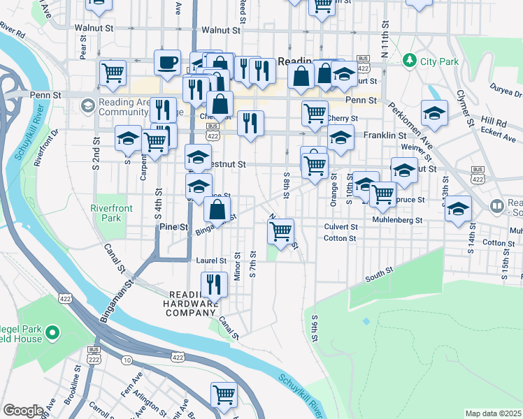 map of restaurants, bars, coffee shops, grocery stores, and more near 301 South 7th Street in Reading
