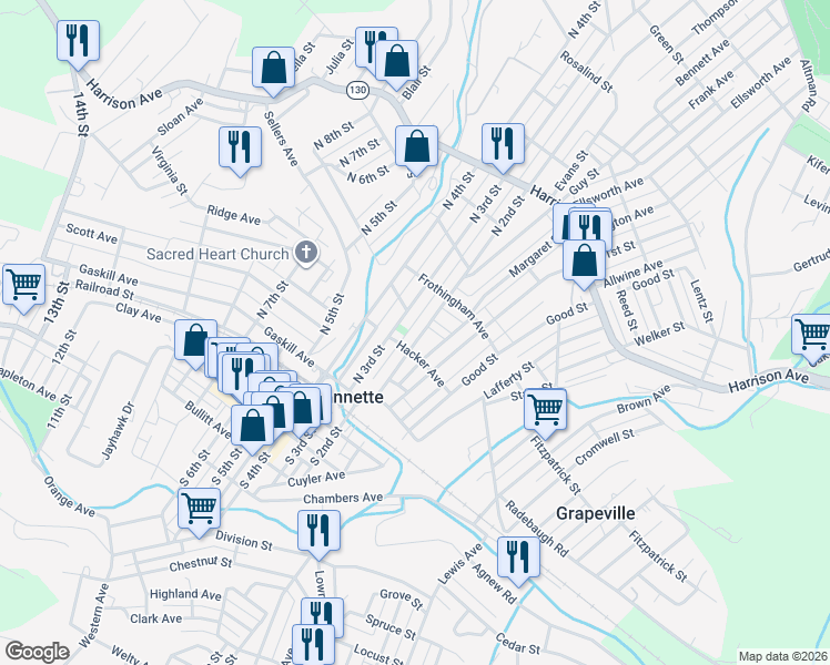 map of restaurants, bars, coffee shops, grocery stores, and more near 300 North 3rd Street in Jeannette