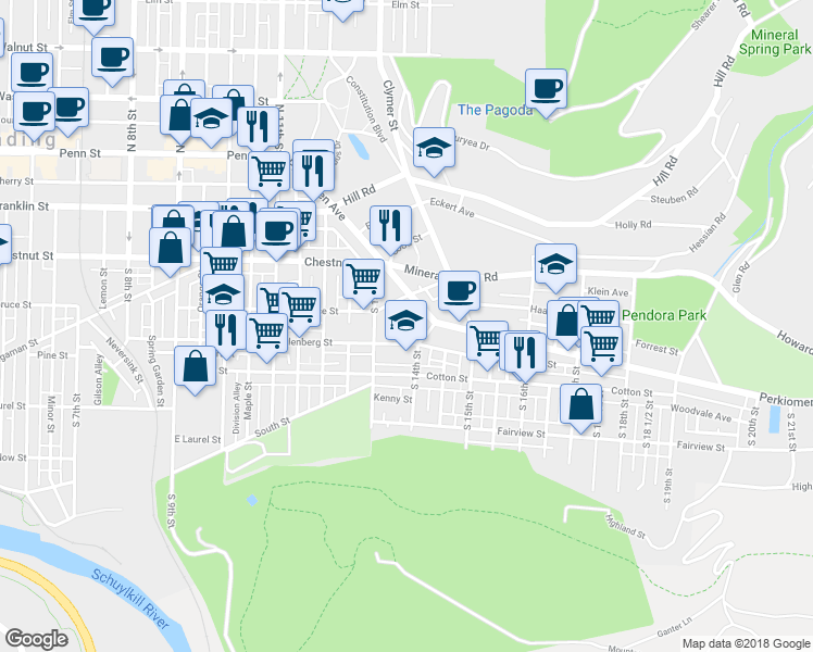 map of restaurants, bars, coffee shops, grocery stores, and more near 321 Miller Street in Reading