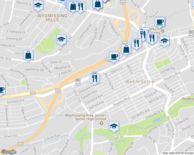 map of restaurants, bars, coffee shops, grocery stores, and more near 1538 Penn Avenue in Reading