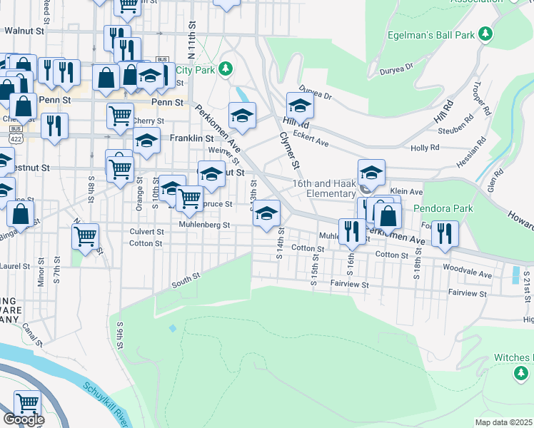 map of restaurants, bars, coffee shops, grocery stores, and more near 320 Miller Street in Reading