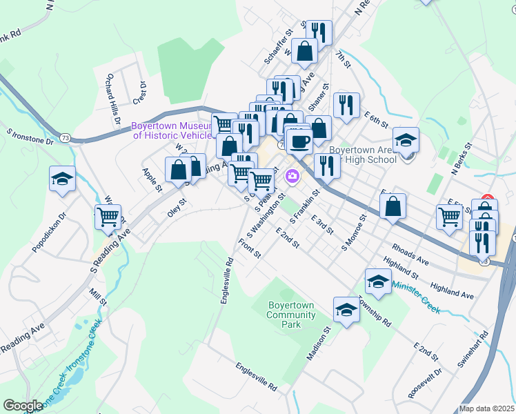 map of restaurants, bars, coffee shops, grocery stores, and more near 123 East 2nd Street in Boyertown
