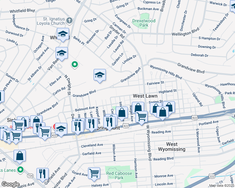 map of restaurants, bars, coffee shops, grocery stores, and more near 2433 Highland Street in West Lawn