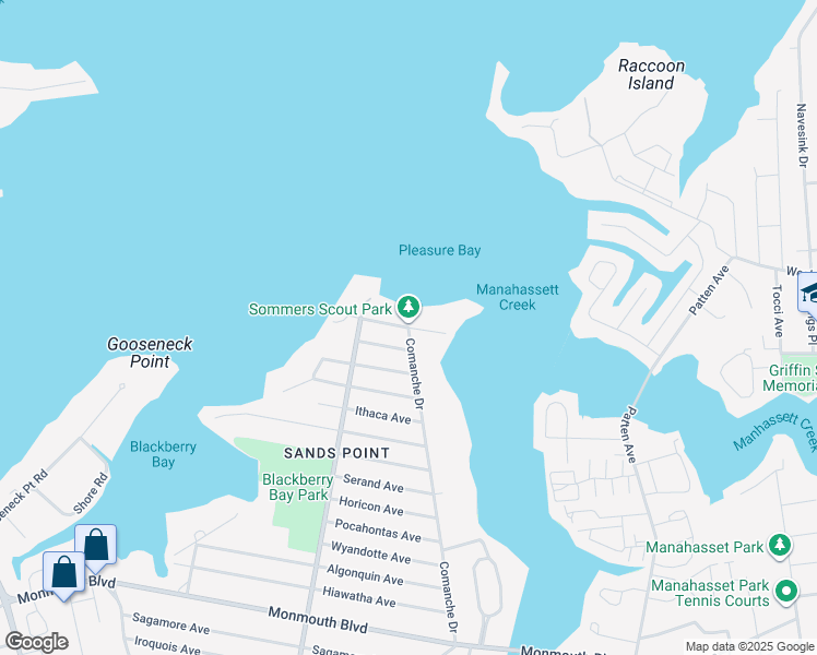 map of restaurants, bars, coffee shops, grocery stores, and more near Comanche Drive & Pocano Avenue in Oceanport