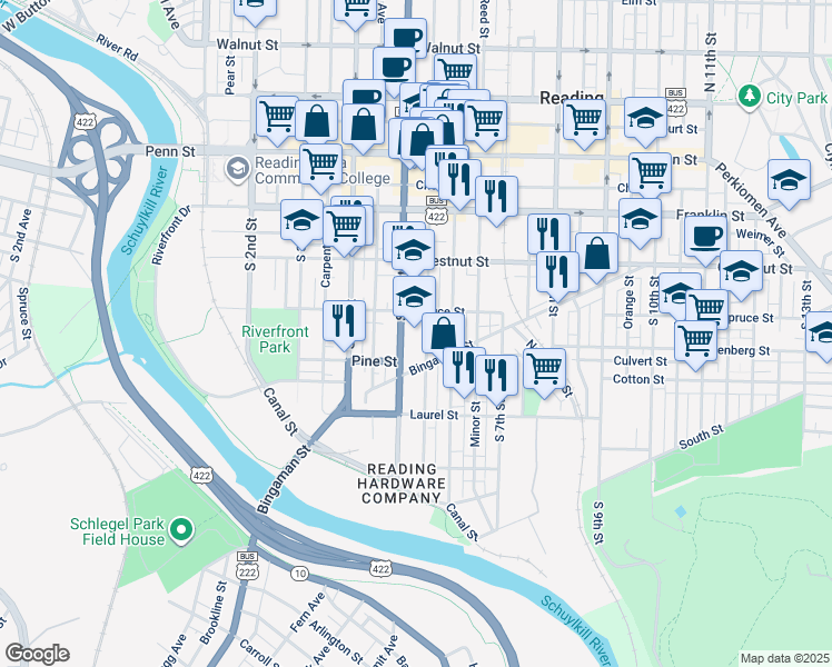 map of restaurants, bars, coffee shops, grocery stores, and more near 315 South 5th Street in Reading