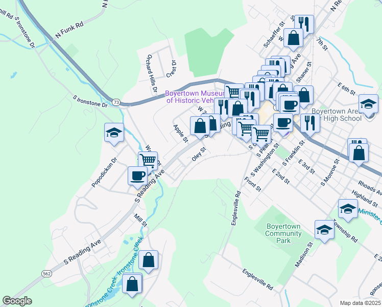 map of restaurants, bars, coffee shops, grocery stores, and more near 320 South Reading Avenue in Boyertown