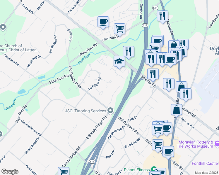 map of restaurants, bars, coffee shops, grocery stores, and more near 134 Bishops Gate Lane in Doylestown