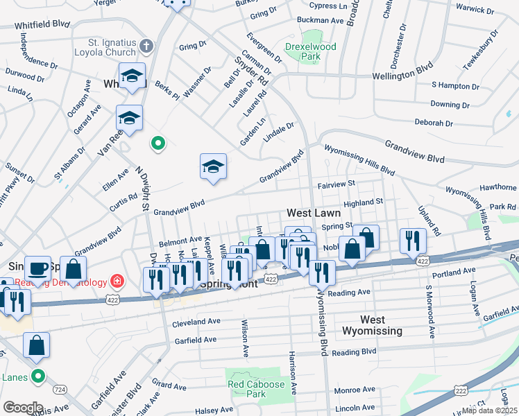 map of restaurants, bars, coffee shops, grocery stores, and more near 2418 Fairview Street in West Lawn