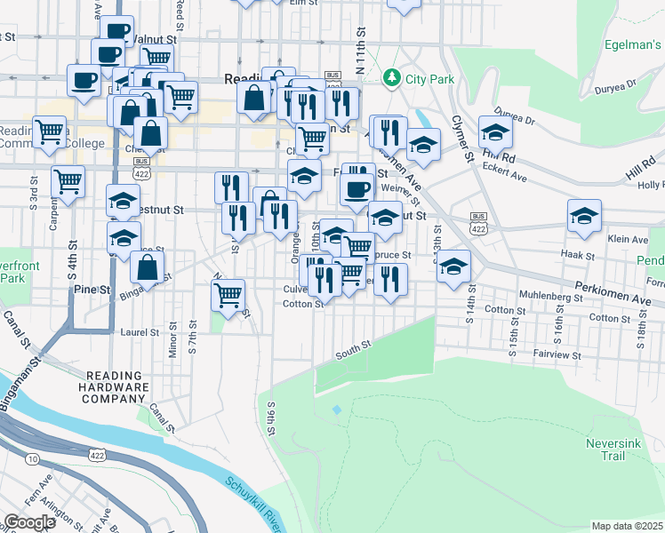 map of restaurants, bars, coffee shops, grocery stores, and more near 321 South 10th Street in Reading