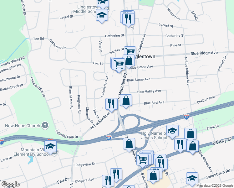 map of restaurants, bars, coffee shops, grocery stores, and more near 550 N Mountain Rd in Harrisburg