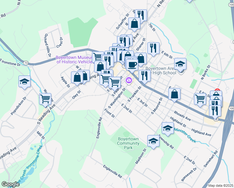 map of restaurants, bars, coffee shops, grocery stores, and more near 137 South Washington Street in Boyertown