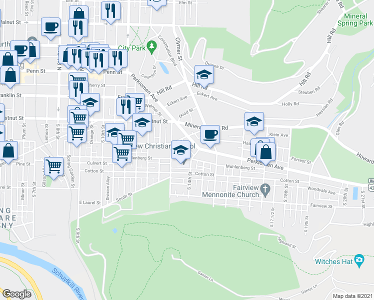 map of restaurants, bars, coffee shops, grocery stores, and more near 321 Miller Street in Reading