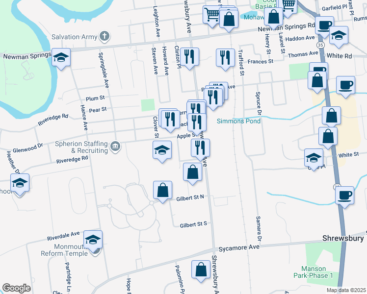 map of restaurants, bars, coffee shops, grocery stores, and more near 1 Hartford Drive in Tinton Falls