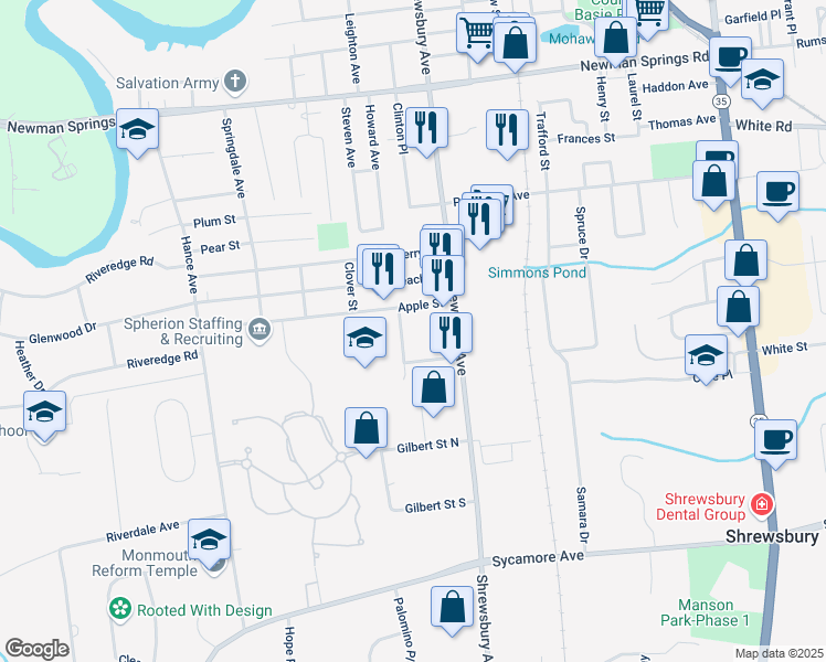 map of restaurants, bars, coffee shops, grocery stores, and more near 1 Hartford Drive in Tinton Falls