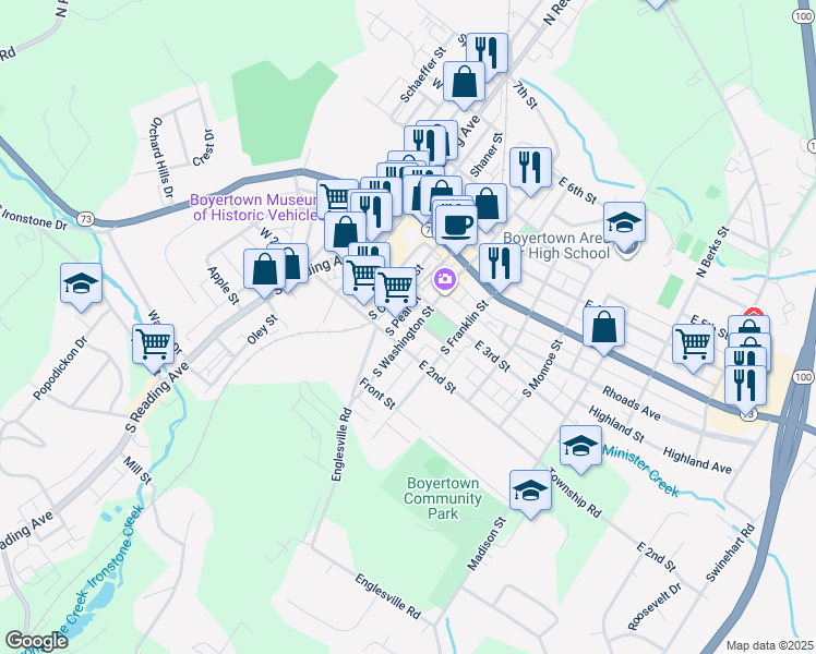 map of restaurants, bars, coffee shops, grocery stores, and more near 137 South Washington Street in Boyertown