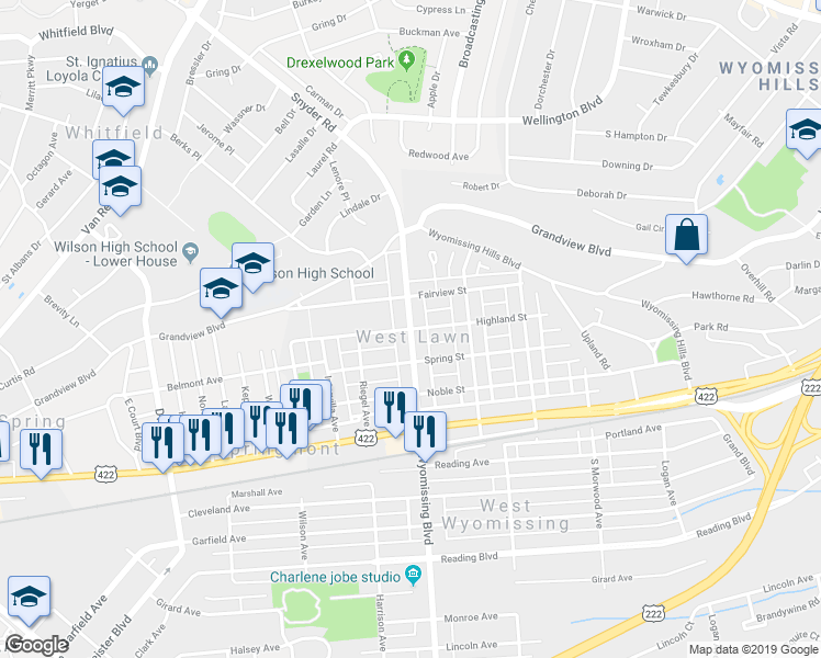 map of restaurants, bars, coffee shops, grocery stores, and more near 2300 Highland Street in West Lawn