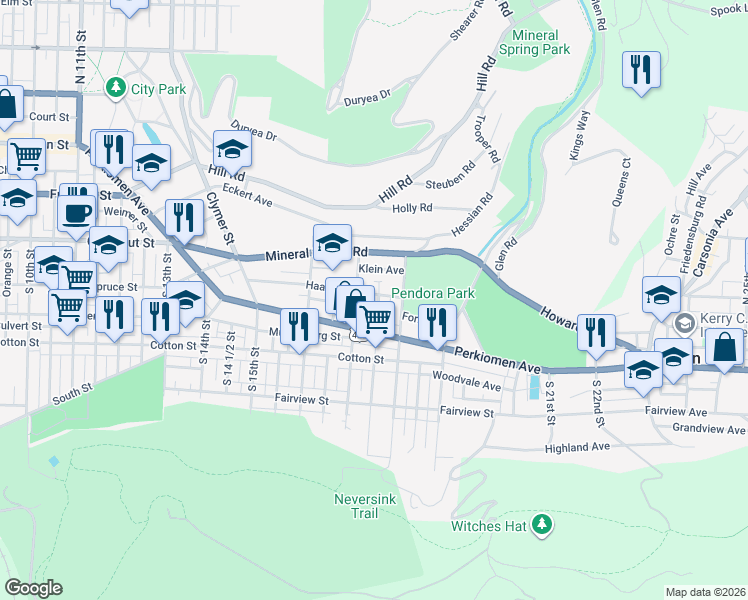 map of restaurants, bars, coffee shops, grocery stores, and more near 1727 Haak Street in Reading