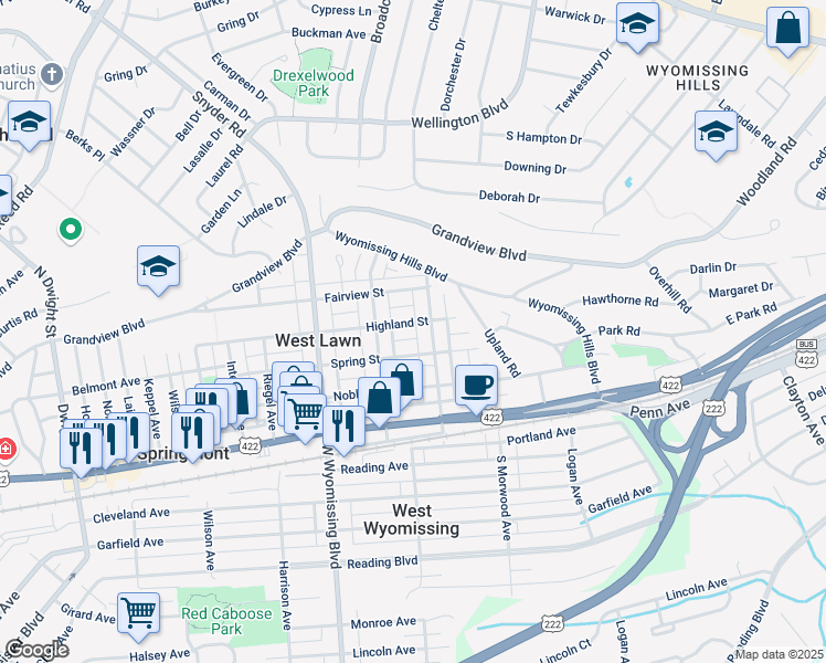 map of restaurants, bars, coffee shops, grocery stores, and more near 301 Perkasie Avenue in West Lawn