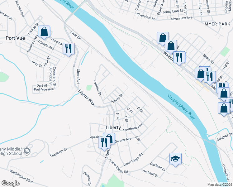 map of restaurants, bars, coffee shops, grocery stores, and more near 2500b B Street in McKeesport