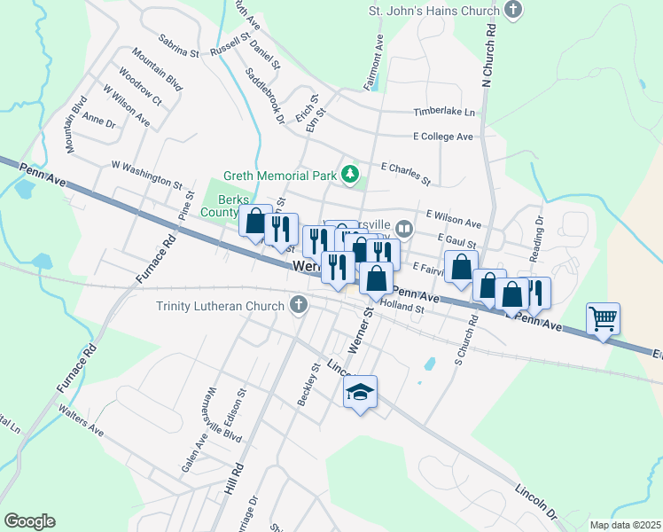 map of restaurants, bars, coffee shops, grocery stores, and more near in Wernersville