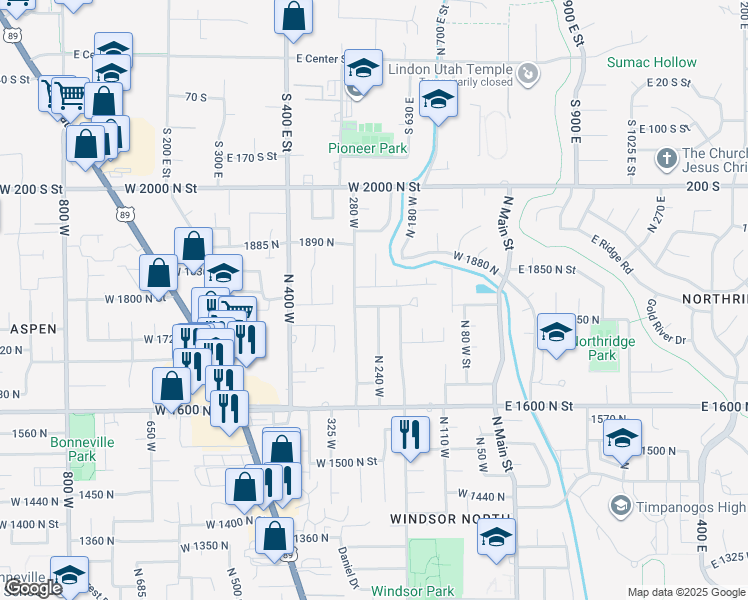 map of restaurants, bars, coffee shops, grocery stores, and more near 243 West 1820 North in Orem