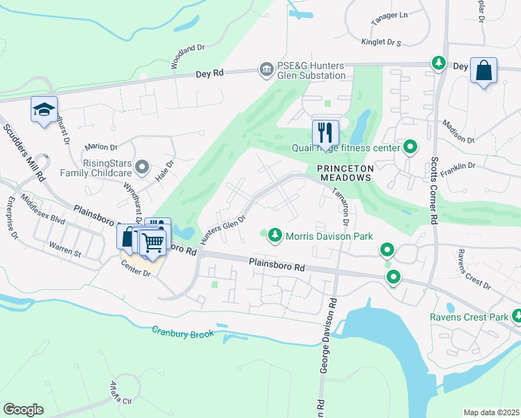 map of restaurants, bars, coffee shops, grocery stores, and more near 1109 Hunters Glen Drive in Princeton Meadows