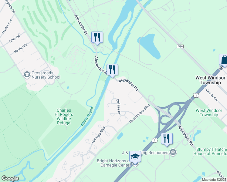 map of restaurants, bars, coffee shops, grocery stores, and more near 12 Fountayne Court in Princeton