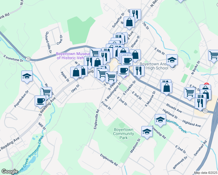 map of restaurants, bars, coffee shops, grocery stores, and more near 131 South Pear Street in Boyertown