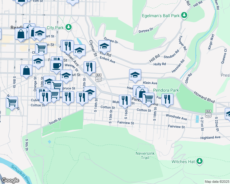 map of restaurants, bars, coffee shops, grocery stores, and more near 1534 Haak Street in Reading