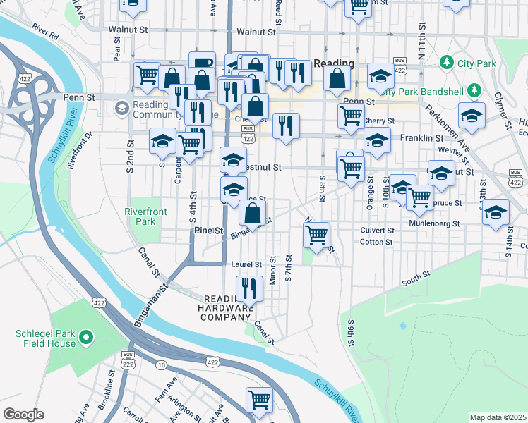 map of restaurants, bars, coffee shops, grocery stores, and more near in Reading